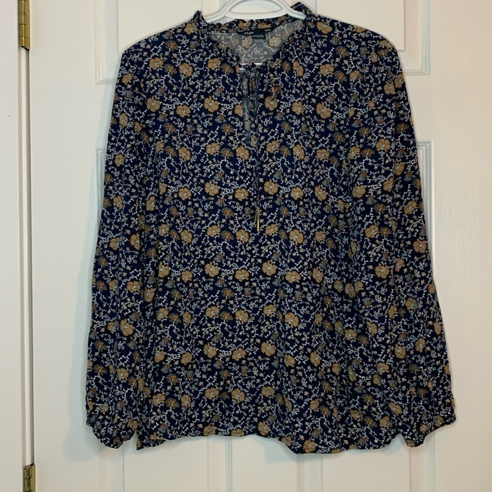 Lois Navy Brown Floral Peasant Blouse Women’s Size XL Frilly Neck Long Sleeve